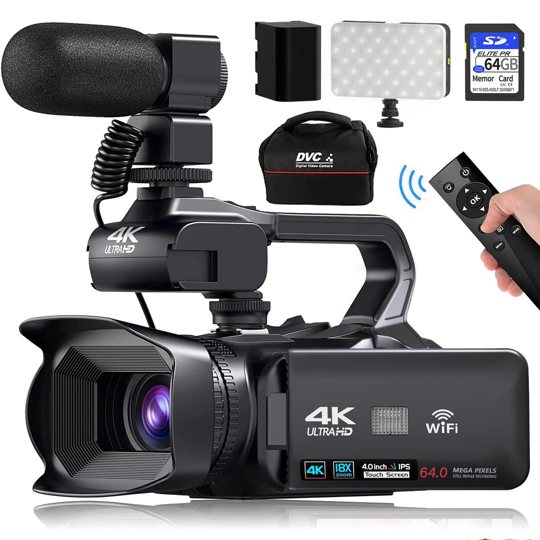 4K Video Camera Camcorder, 64MP 60FPS Vlogging Camera for YouTube, 4.0 Inch Touchscreen Video Recorder, HD WiFi Video Camera with 4500mAh Battery, 64G SD Card, Stabilizer, Mic, Remote Control, Charger