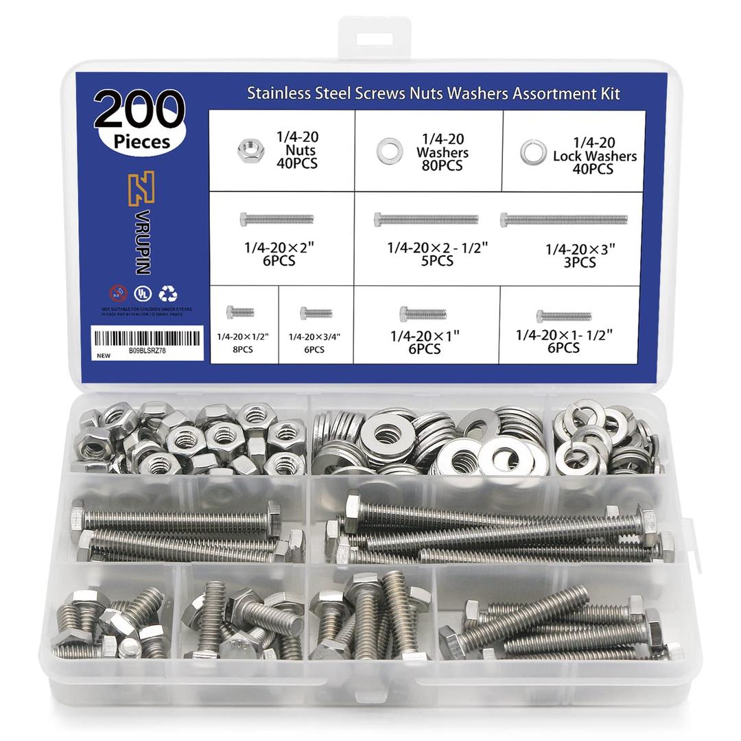 200PCS Nuts and Bolts 1/4-20 x 1/2”, 3/4”, 1”, 1-1/2”, 2”, 2-1/2”, 3” Carbon Steel Hex Bolts and Nuts Assortment Kit Hardware Screws Set (7 Different Sizes)