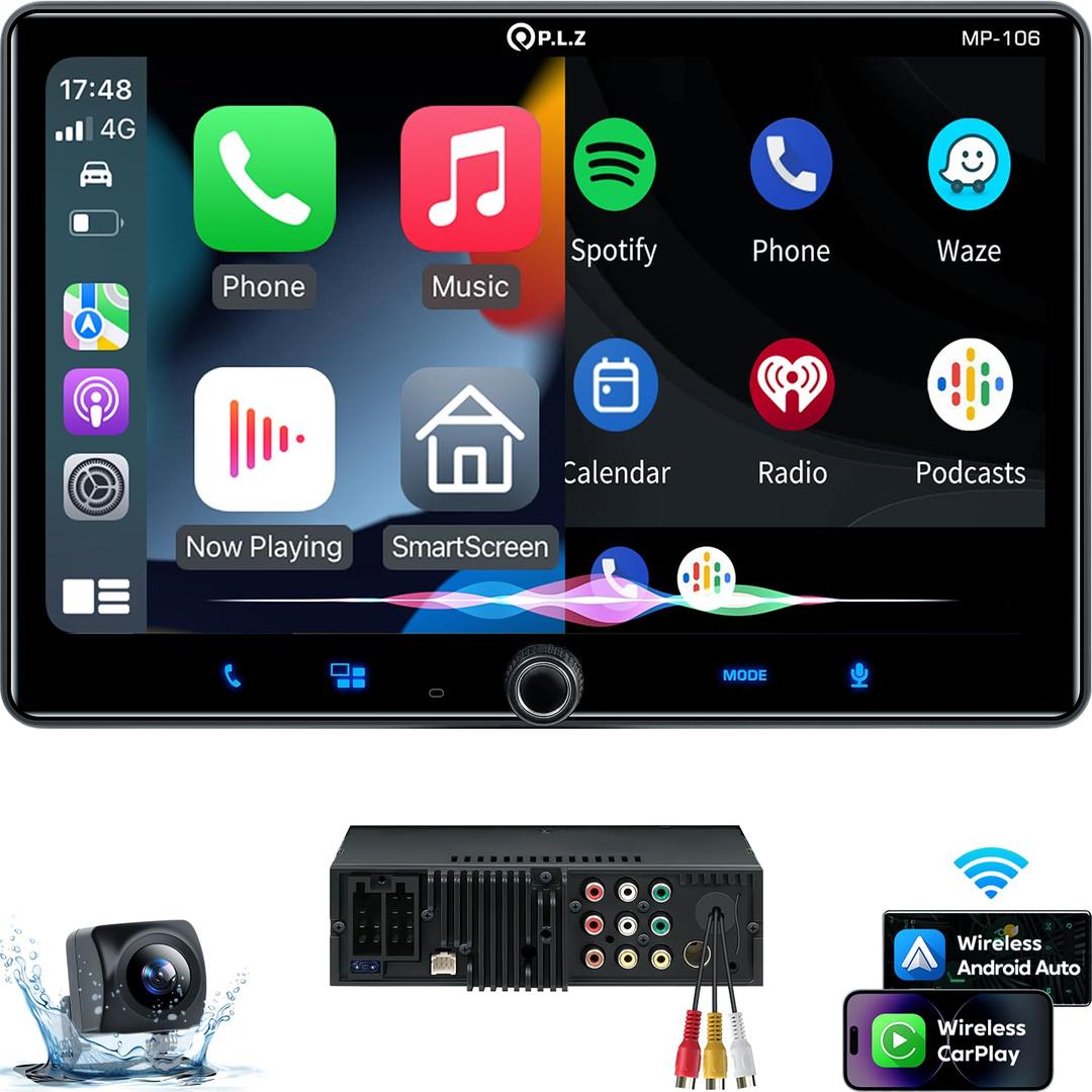 PLZ Single Din Car Stereo Wireless Apple Carplay Android Auto Radio, 10.1" Car Play Touch Screen, Bluetooth 5.3 Car Audio Receiver, 4.2 Channel 240W, Subwoofers, Backup Camera, Navigation, FM/AM, SWC