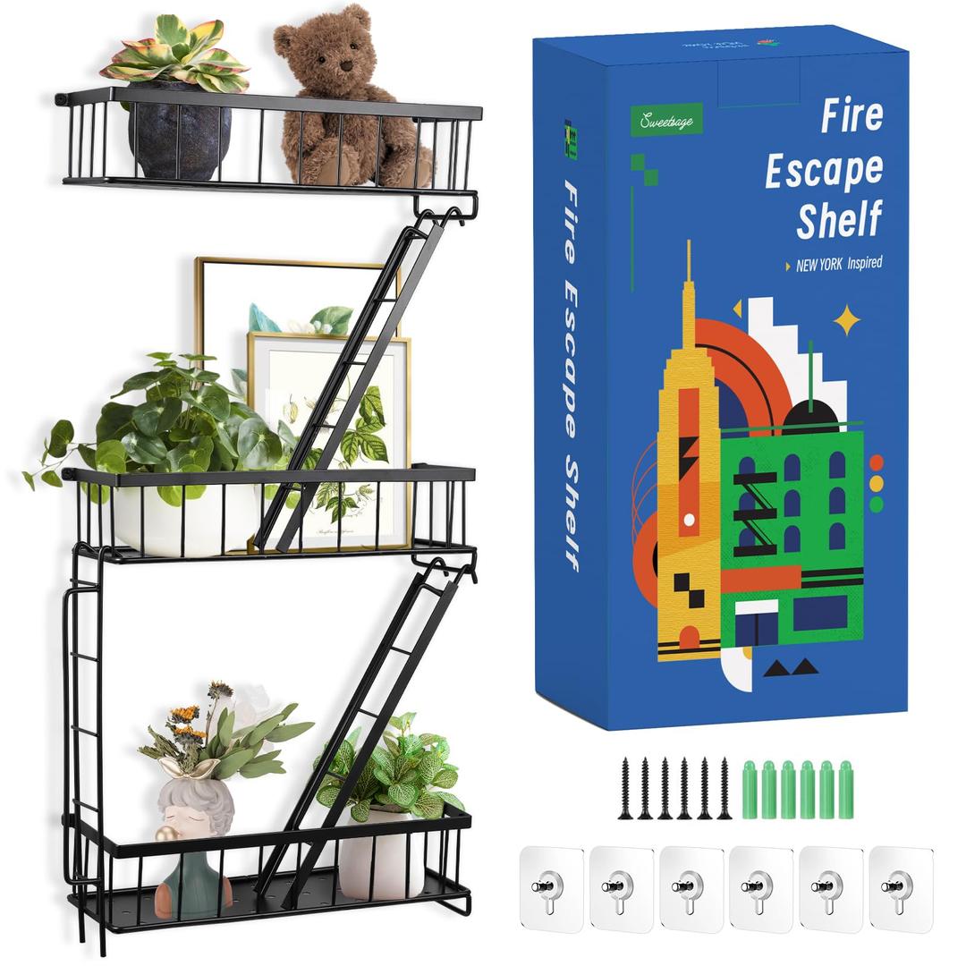 Fire Escape Wall Shelf - New York Decorative Ladder Shelf, Wall Art Floating Shelf Black Metal Shelves for Bedroom, Home Office Storage and Display (3-Tier)