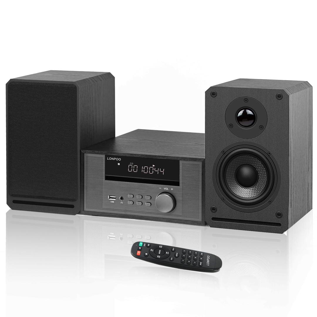 Home CD Stereo Shelf System,100W Hi-Fi Bookshelf Speskers System (CD Player, FM Radio, Wireless Bluetooth, USB Playback, AUX, Headphone Jack)