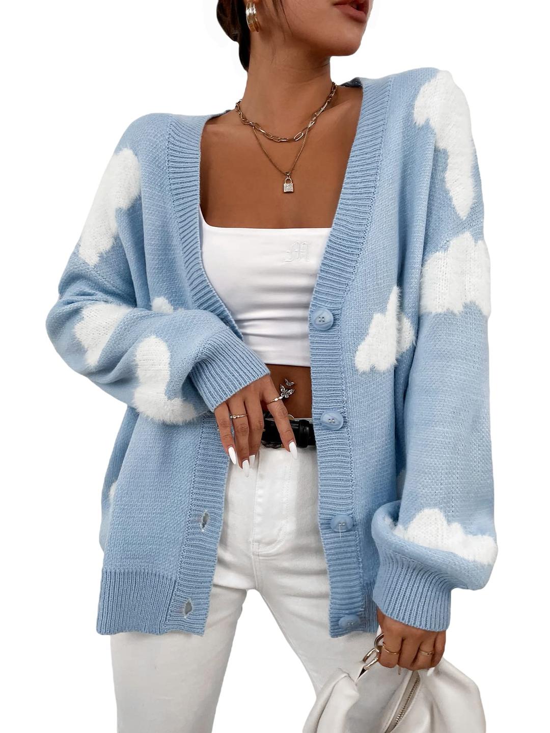 SOLY HUXWomen's Button Down V Neck Long Sleeve Cloud Open Front Knit Cardigan Sweater