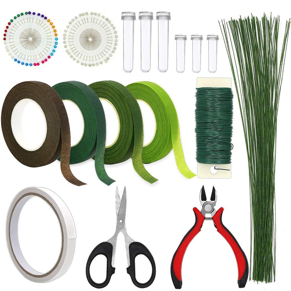 Floral Arrangement Kit,17 Pieces Flower Tools Include Floral Wire Cutter Scissor Floral Tape 22 Gauge Paddle Wire 26 Gauge Stem Wire Pearl Corsage Pin Bouquet Wrap Florist