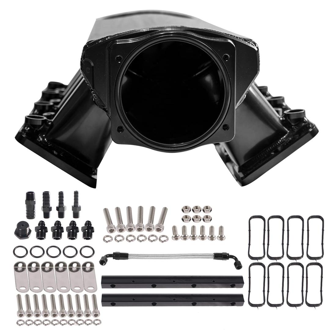 For LS Intake Manifold Low Profile Cathedral Port 102mm Compatible with Chevy GMC Pontiac LS1 LS2 LS6 Sheet Metal Fabricated EFI (Black)