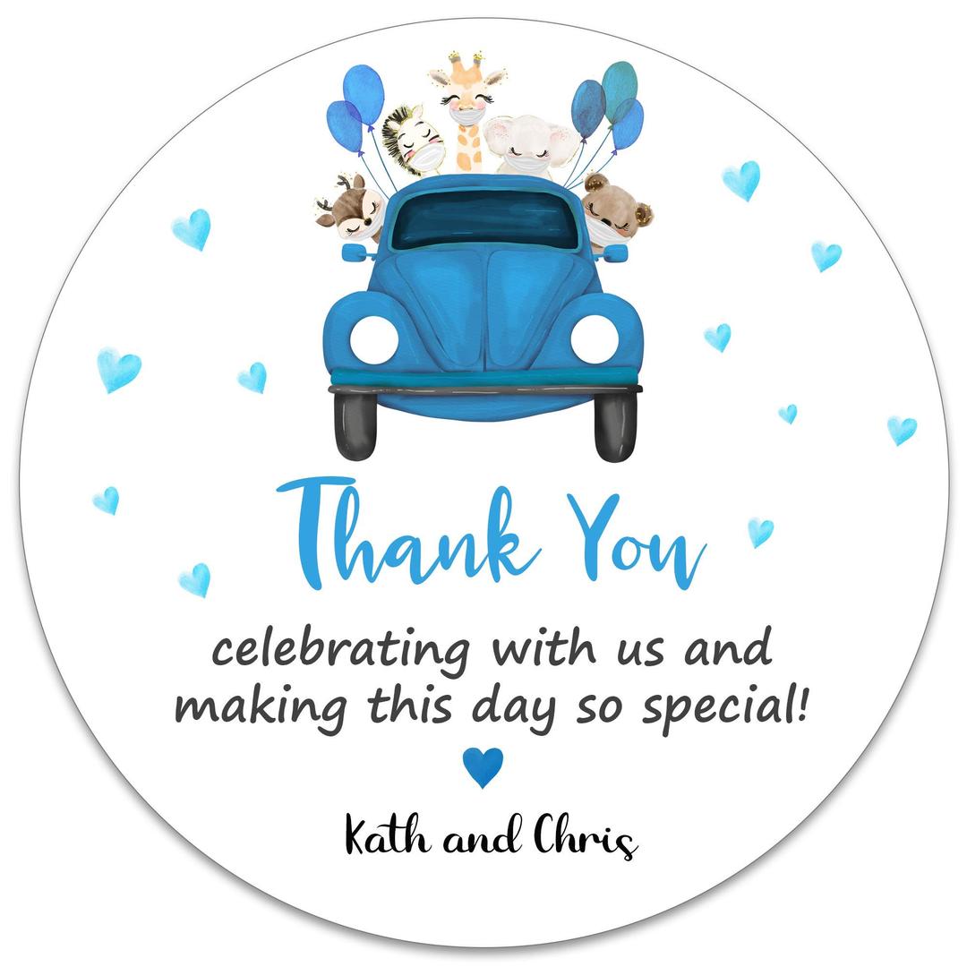 Baby Shower Favors Custom Stickers - Set of 36 Personalized Baby Shower Thank You Gifts Self Adhesive Flat Sheet 2 Inch Round Labels for Drive by Blue Baby Boy Shower Favors Theme (Blue)