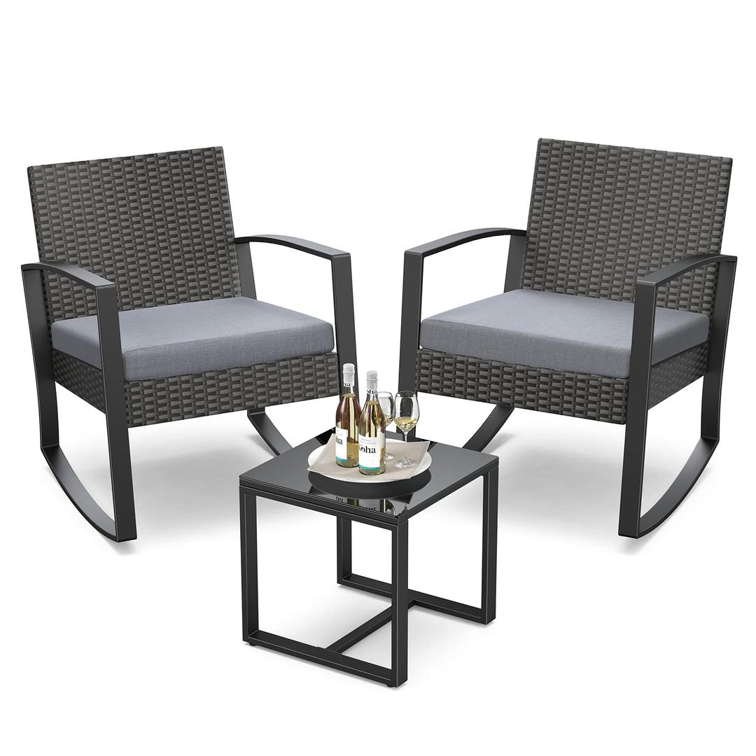 3 Pieces Patio Furniture Set Rocking Bistro Set Outdoor Rattan Conversation with Coffee Table for Garden Balcony Backyard Poolside (Grey Cushion)