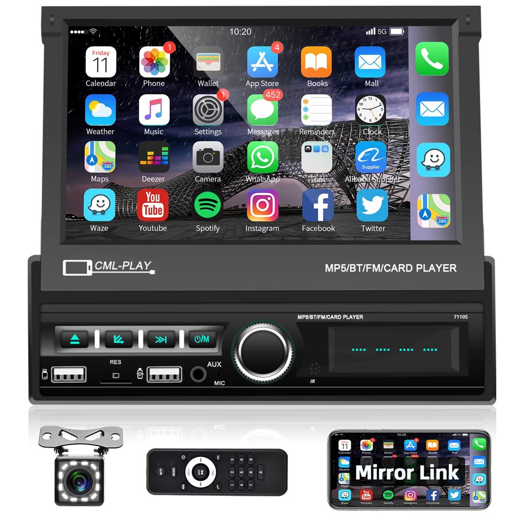 podofoSingle Din Touchscreen Car Stereo 7 Inch Motorized Flip Out Screen Car Radio in Dash Head Unit Support Bluetooth FM AUX USB SD Mirror Link with Backup Camera