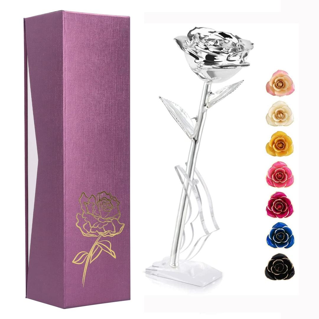 Ejoyous Silver Plated Real Rose Long Stem Forever Preserved Rose Flower for Her Women Wife Mother Girlfriend on Mothers Day Valentine's Day 25th 50th Anniversary Birthday