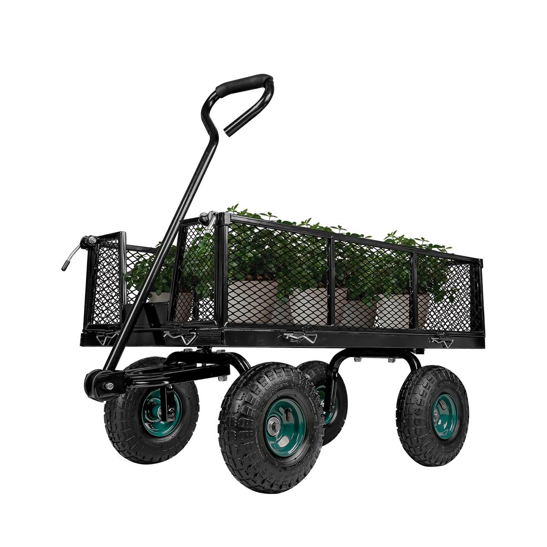 Heavy Duty Utility Steel Garden Cart 880 Lbs Capacity with Detachable Side Panels Convert to Flatbed for Yard Lawn and Farm, Metal Wagon with 180° Rotating Handle, Black