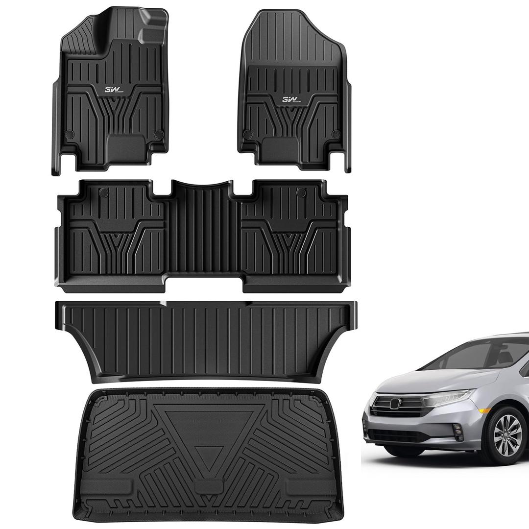 3W Floor Mats and Cargo Liner Fit for 2018-2024 2025 Honda Odyssey Mini Passenger Van, TPE All Weather Custom Fit Floor Liner and Cargo Mats 1st 2nd and 3rd Rows Car Mats and Trunk Liner Black