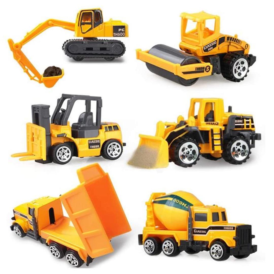 AM ANNA Small Construction Toys, 6Pcs Construction Vehicles Trucks Kids Birthday Gifts Play Vehicle Toy Mini Car Toys Set Die Cast Engineering Excavator Digger Push Trucks Birthday Cake Toppers Car