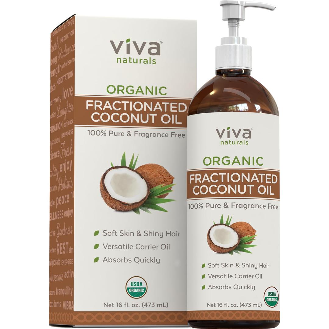 Viva Naturals Organic Fractionated Coconut Oil - Skin & Hair Moisturizer, Relaxing Massage and Body Oil, Carrier Oil for Essential Oils Mixing, Pure Non-Greasy Coconut Oil for Skin and Hair, 16 fl oz