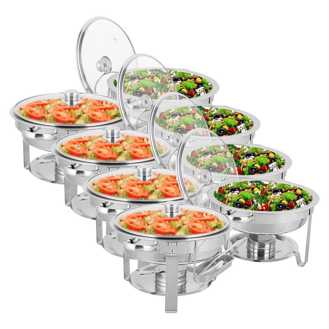 ROVSUN 5Qt 8 Pack Chafing Dish Buffet Set, NSF Stainless Steel Round Chafers for Catering, Buffet Servers and Warmers Set with Glass Lid & Lid Holder for Wedding Party Banquet Event