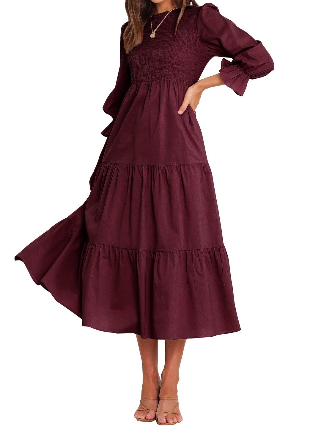 BTFBM Women Casual Long Sleeve Dress Fall Dresses 2024 Solid Color Relaxed Fit Smocked Tiered Flowy Boho Long Dresses