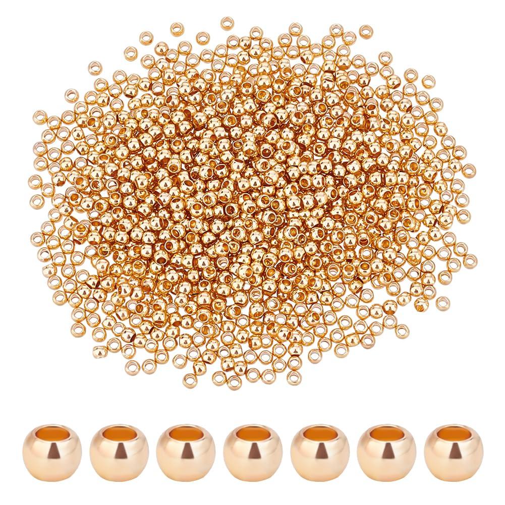 PH PandaHall 1000pcs 2mm 14K Gold Plated Brass Beads Long-Lasting Round Smooth Spacer Beads Seamless Loose Ball Beads Gold Metal Beads for Summer Hawaii Necklaces, Bracelets, Earring Making