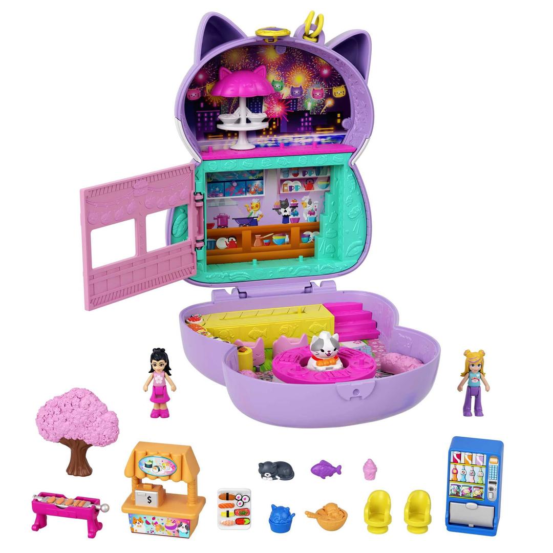 Polly Pocket Compact Playset, Sushi Shop Cat with 2 Micro Dolls & Accessories, Travel Toys with Surprise Reveals