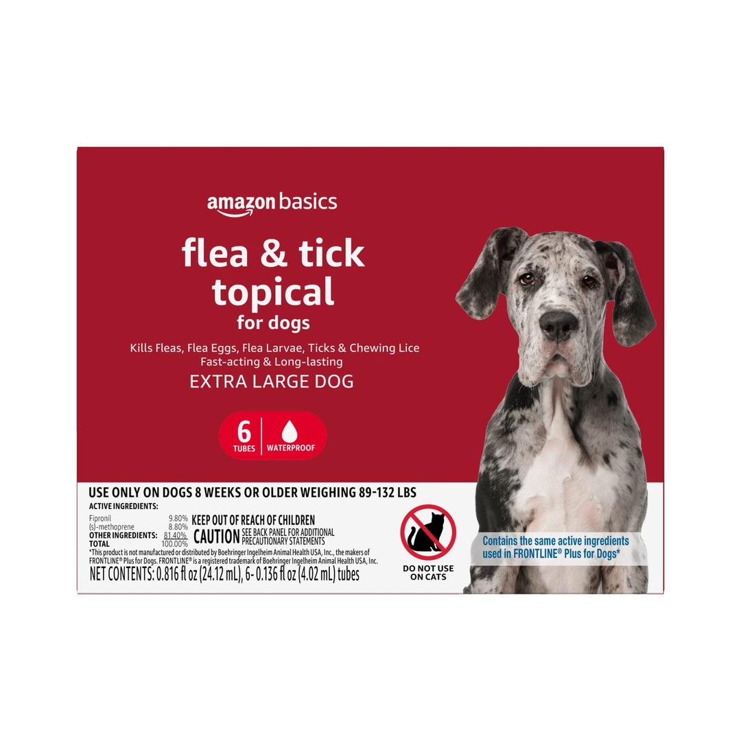 Amazon Brand - Solimo for Dogs XLarge Dog (89-132 pounds) Flea and Tick Treatment, 6 Doses