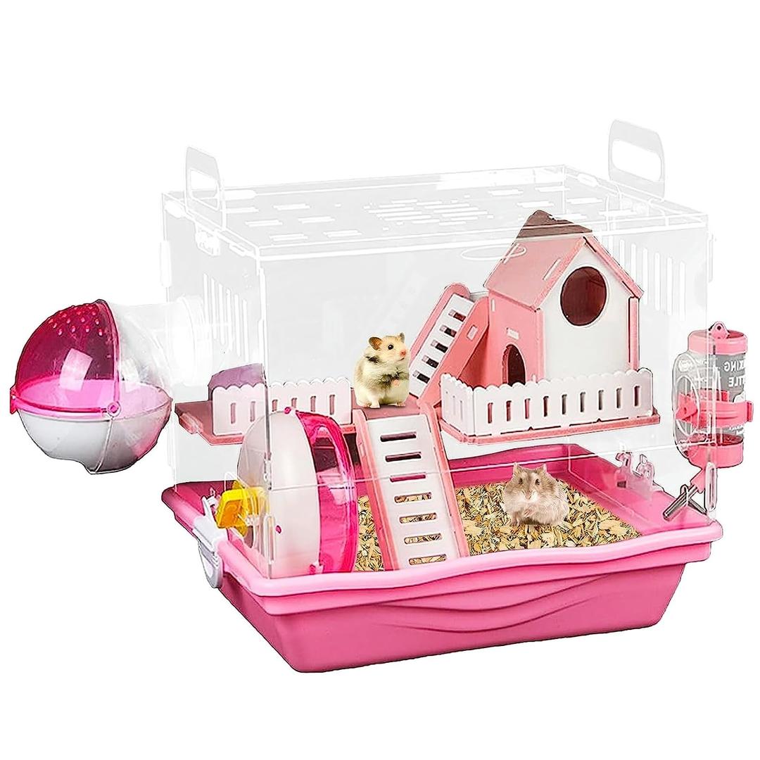 Tray Type Hamster Cage 2-Tier Rat Cage Acrylic Villa Include Living & Playing Area with Multi-Function Accessories Small Animal Travel Cage Habitat for Hamsters Gerbil Mice (Pink)