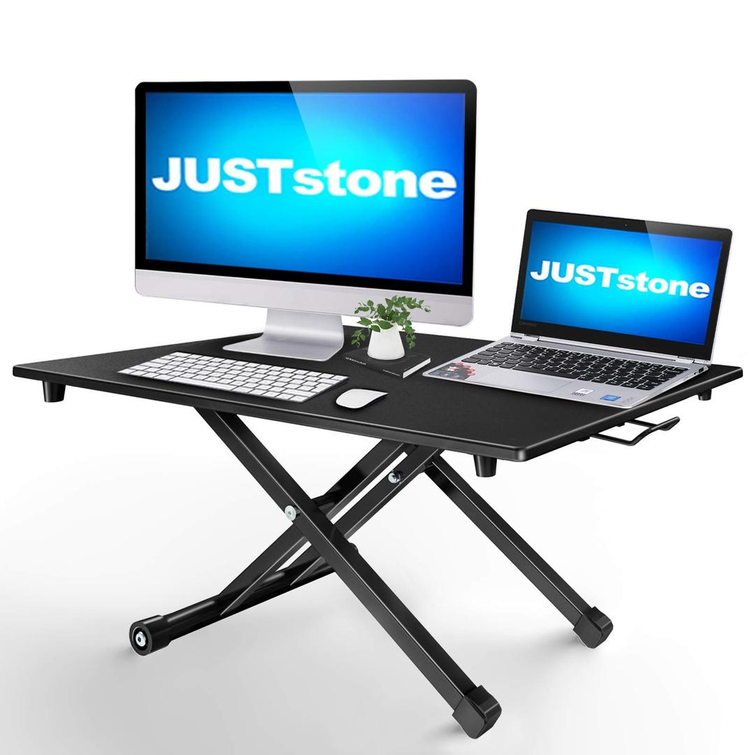 JUSTSTONE Standing Desk Converter Computer Workstation Adjustable Height, Stand Up Desk Riser for Standing or Sitting Home Office Fits Dual Monitors, Black (28 inch)