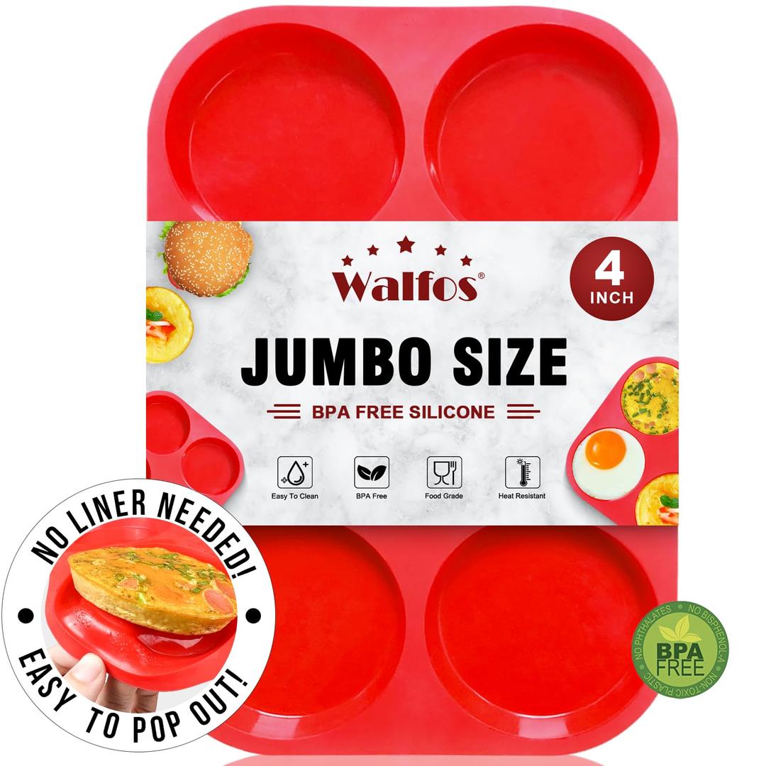 Walfos Silicone Muffin Top Pans for Baking 4inch Jumbo Size, Perfect Results Premium Non-Stick Bakeware Egg Baking Pan, Great for Eggs, Hamburger Bun, Muffin Top and More, Food Grade & BPA Free, 1pc