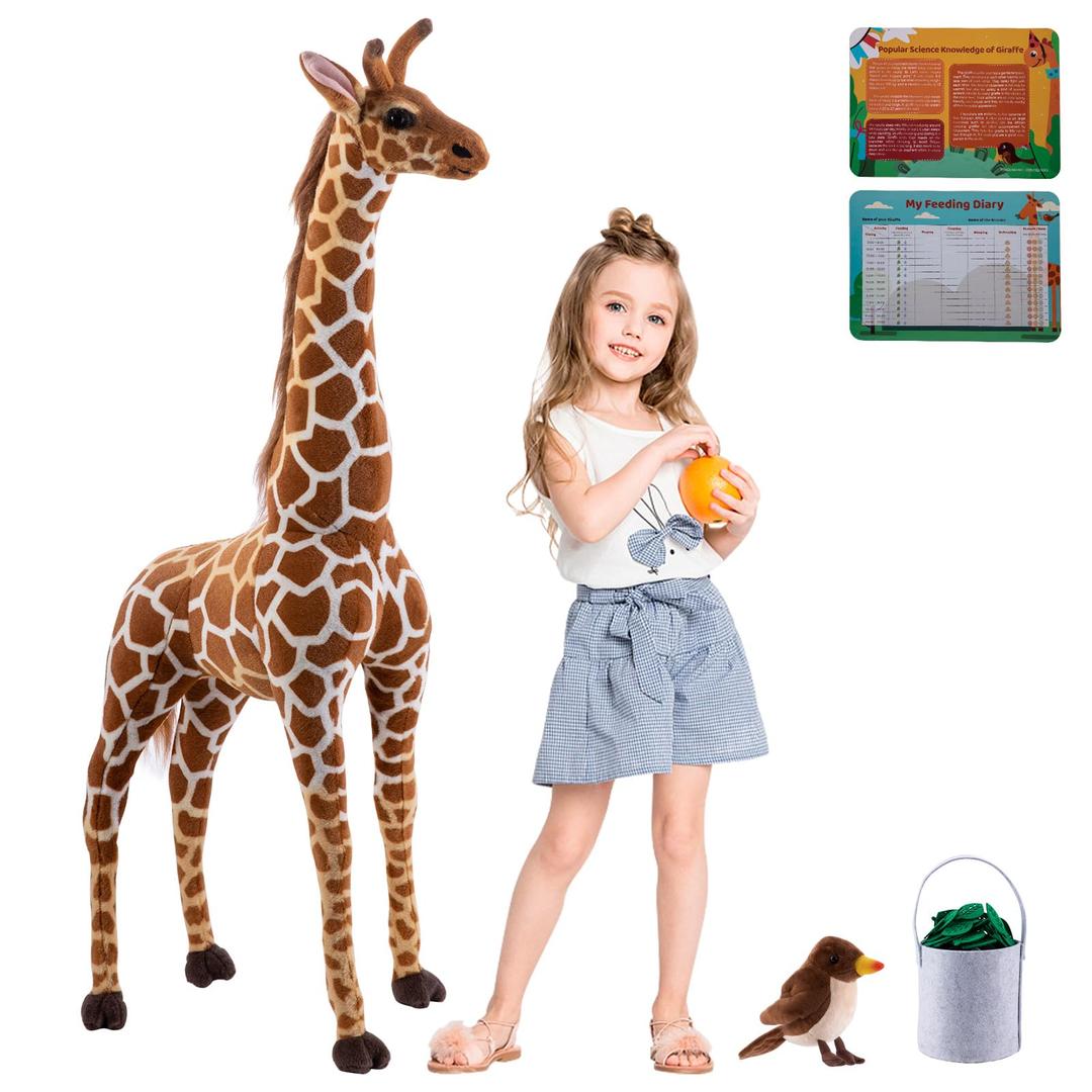 47” Large Giraffe Stuffed Animal Set, Giant Giraffe Plush Toys w/Birds, Leaves, Basket, Tall Giraffe Toy Standing Lifelike Stuffed Giraffe Gift for Kids Nursery Baby Shower Party