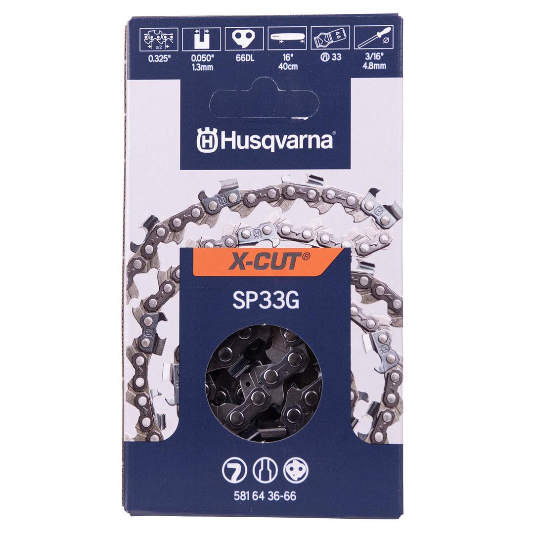 Husqvarna X-Cut SP33G 16 Inch Chainsaw Chain, .325" Pitch, .050" Gauge, 66 Drive Links, Pre-Stretched Chainsaw Blade Replacement with Superior Lubrication and Low Kickback, Gray