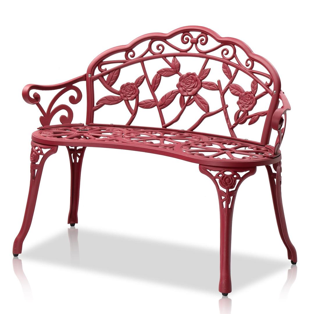 VINGLI 38.5" Patio Park Garden Outdoor Metal Rose Bench,Cast Aluminium Frame Antique Finish Chair,Accented Lawn Front Porch Path Yard Decor Deck Furniture for 2 Person Seat（Red