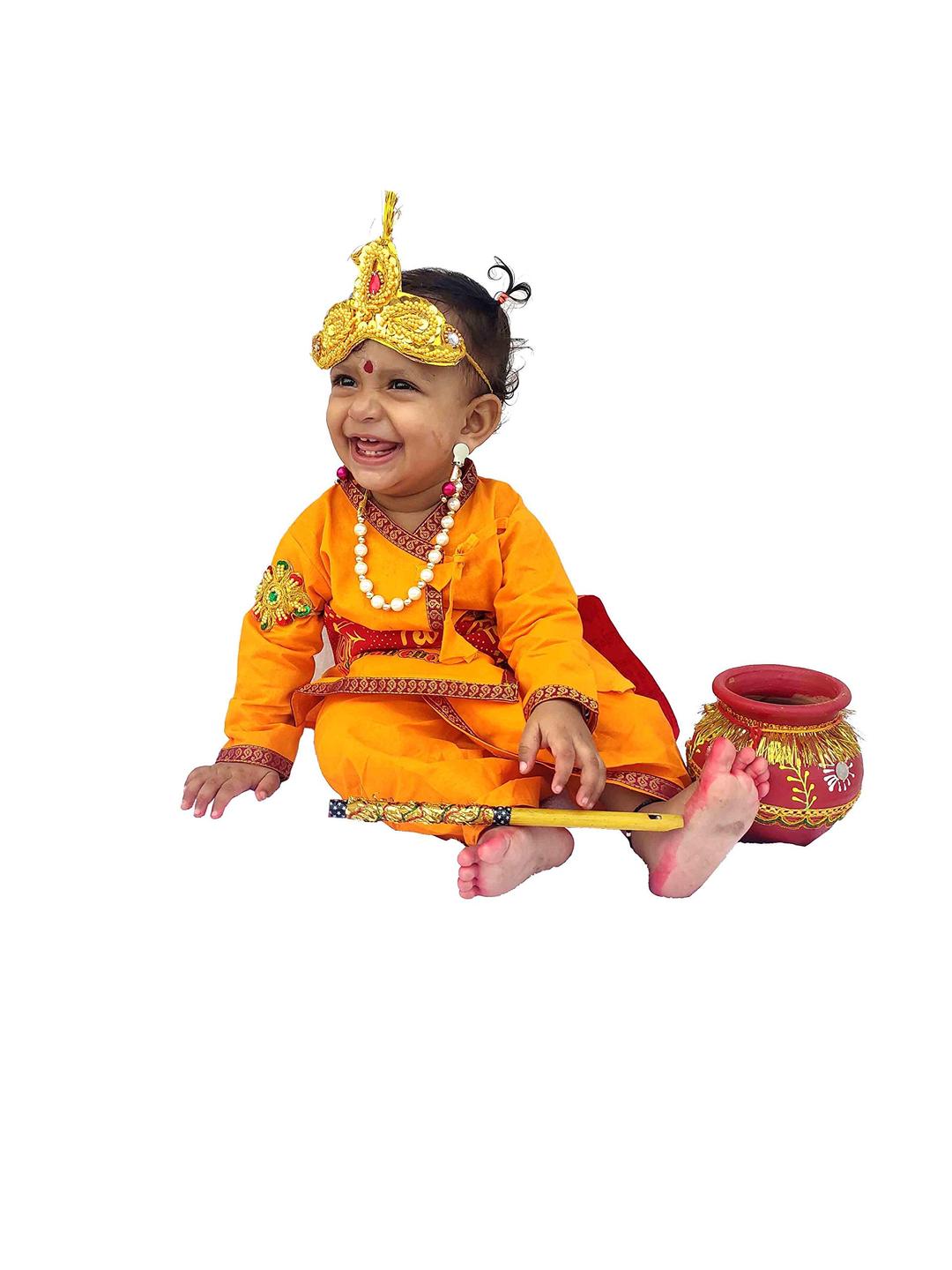 Okara Fabrics Krishna Kids Ethnic wear Costume in Cotton Fabric,Krishna Dress (Pack of 8 - Kurta, Dhoti, Bansuri, Mor Pankh, Mukut, Bandhni, Kundal, Mala)