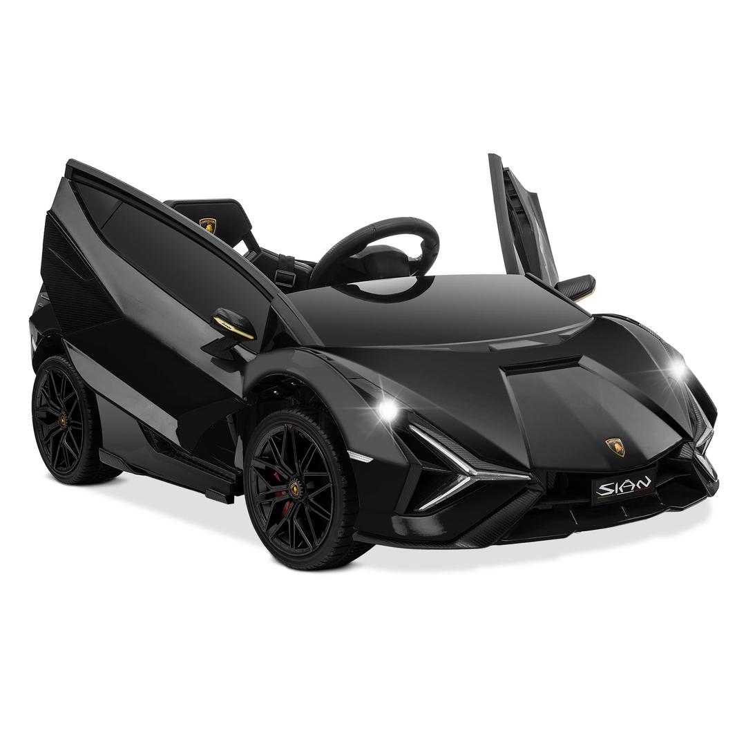 Kidzone Kids Electric Ride On 12V Licensed Lamborghini Sian Roadster Battery Powered Sports Car Toy with 2 Speeds, Parent Control, Sound System, LED Headlights & Hydraulic Doors - Black