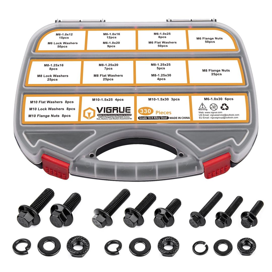 VIGRUE 330Pcs Hex Flange Bolts Nuts Kit M6-1.0 M8-1.25 M10-1.5 Metric Bolt Assortment, Class 10.9 Alloy Steel Black Zinc Plated, Full Coarse Thread