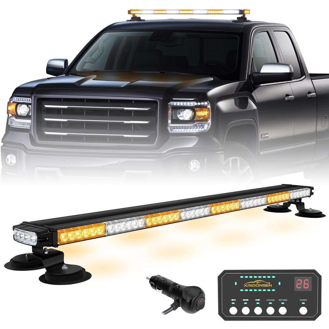 XRIDONSEN37" 104 LED Roof Top Strobe Light Bar Amber White Emergency Traffic Advisor Lights Double Side Warning Safety Flashing w/Magnetic Mount for Construction Vehicles Plow Trucks Pickup Wrecker