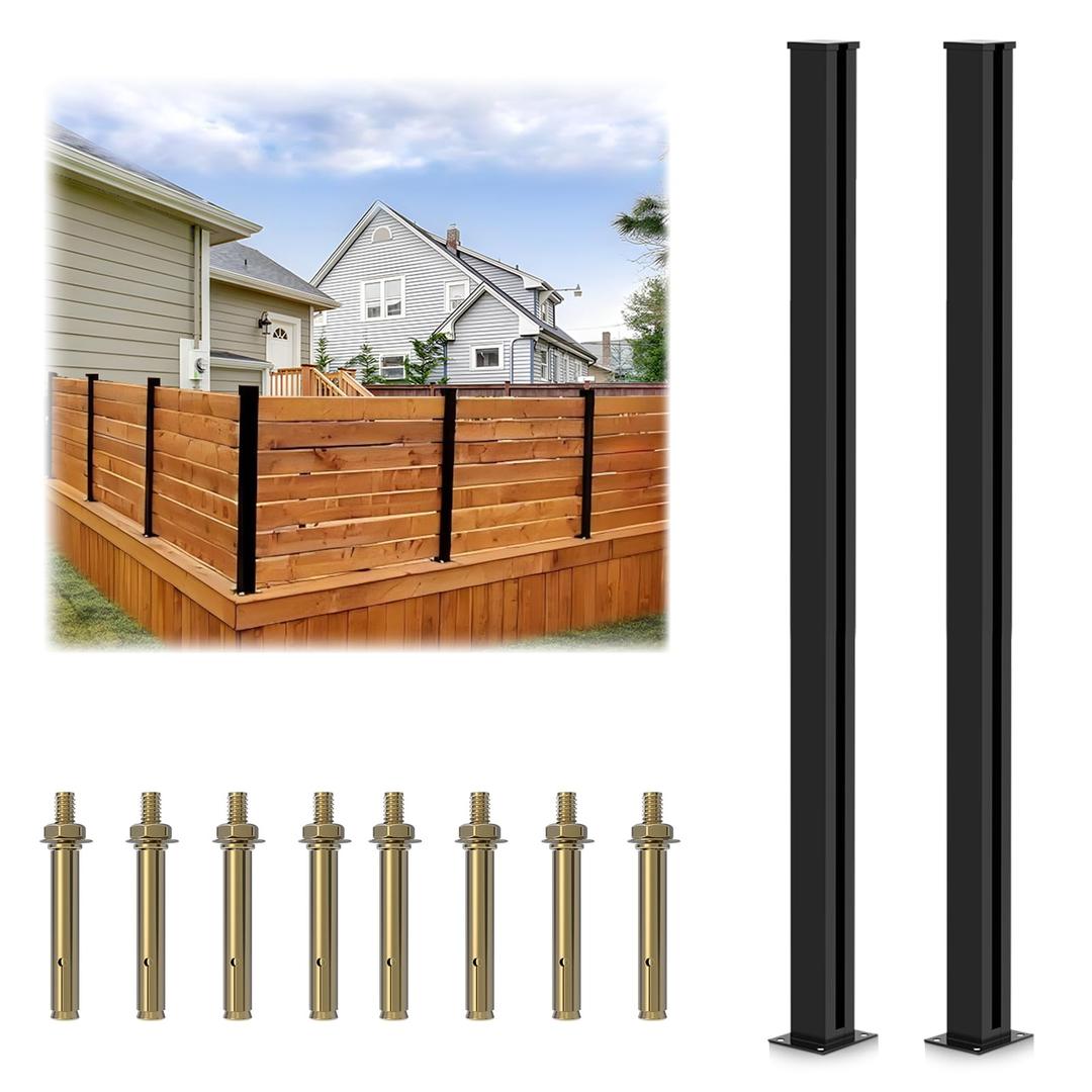 2 Pack 45" Fence Posts Aluminium Alloy Fence Post Line Post, Matte Black Metal Wood Fence Post, No Dig Fence Posts for Air Conditioner Fence Panels, Pool Equipment Enclosure, Trash Can Enclosures