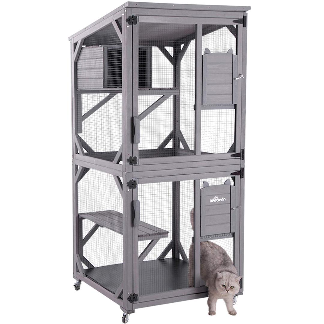 Aivituvin Cat House Outdoor Catio Cat Enclosures on Wheels70.9 Kitty House with Upgraded Resting Box,Waterproof Roof