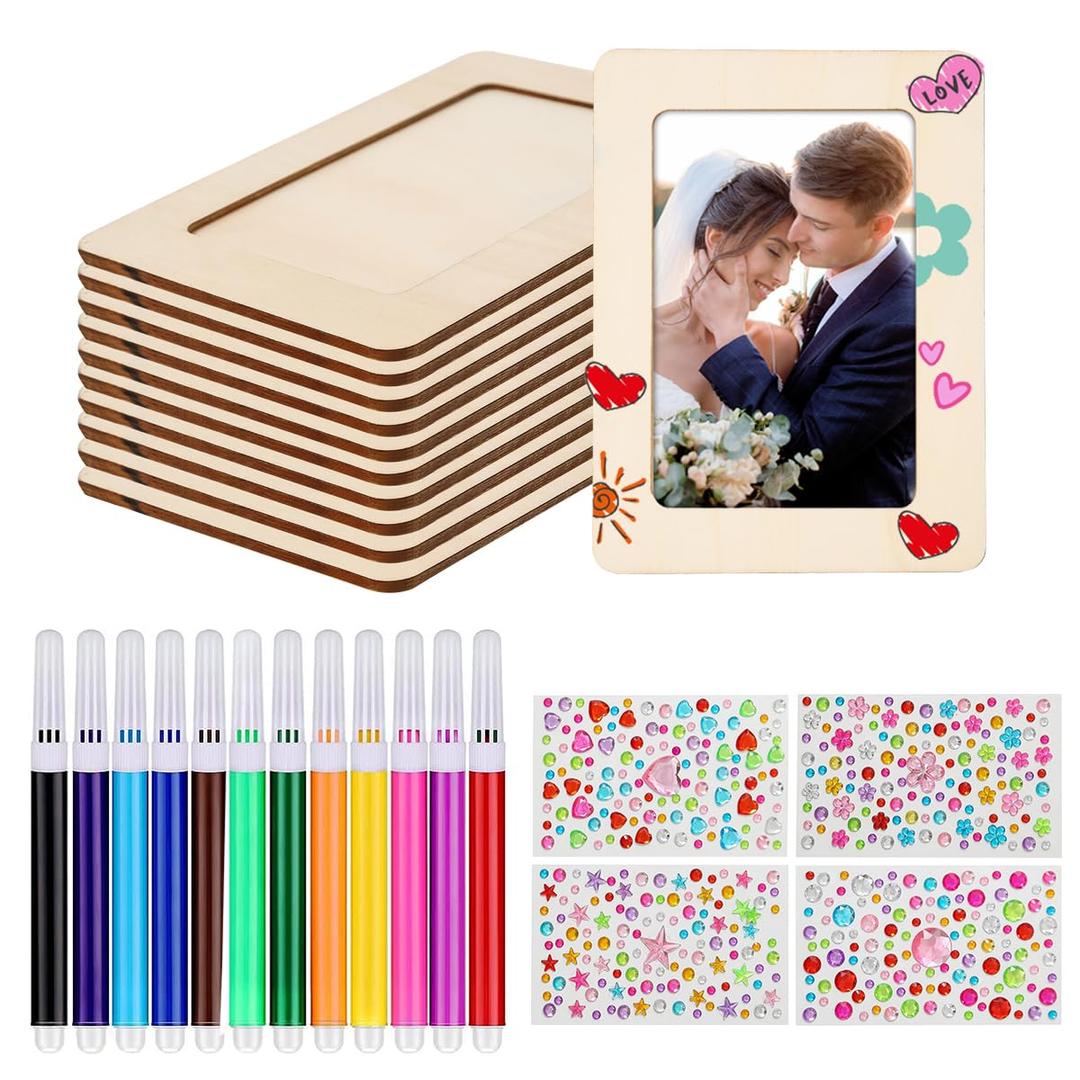 zjdbset Picture Frame Painting Craft Kit for 4 * 6 Photo,10Pcs DIY Unfinished Wooden Picture Frames with 12Pcs Painting Color Pen 4 Sheets Crystal Diamond Stickers for DIY Craft