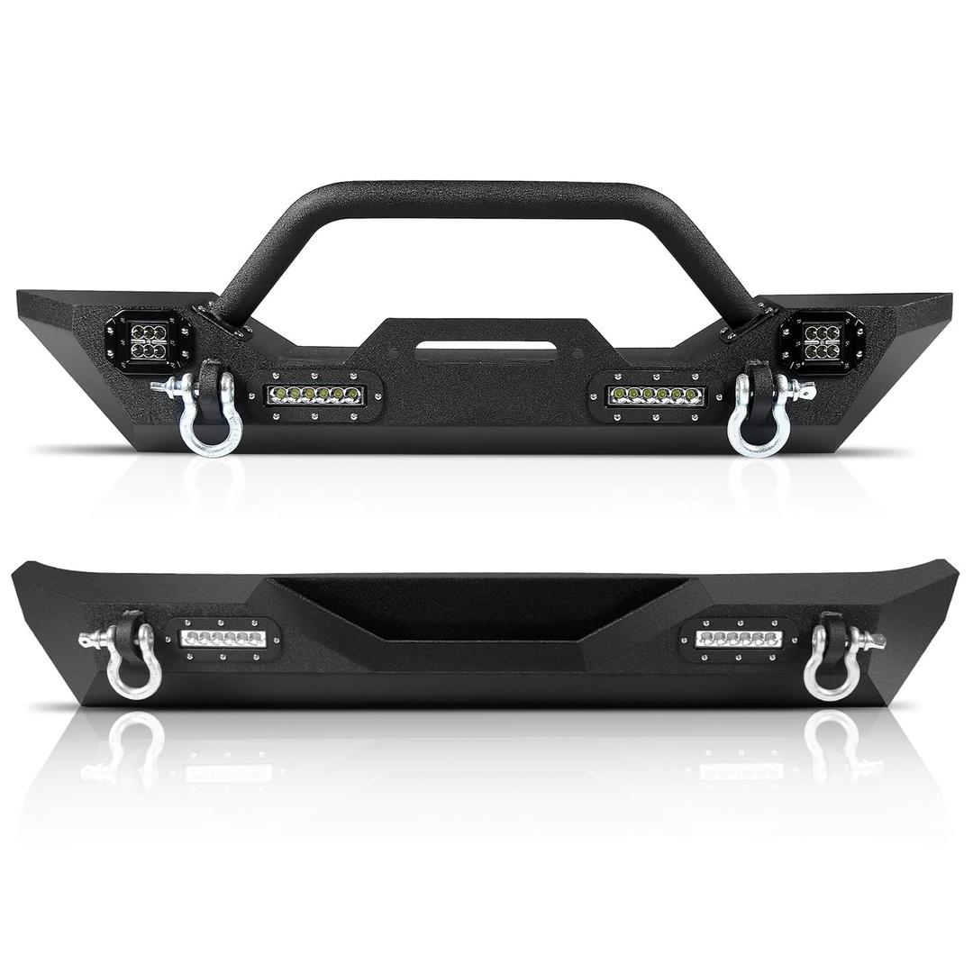 Off Road Bumper Combo Compatible with Jeep Wrangler JK & Unlimited 07-18 2/4 DR,Front Rear Rock Crawler Bumper with Winch Plate, LED Lights D-rings Shackles Heavty Duty Bumper