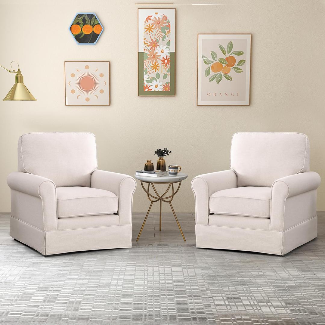 INZOY Swivel Accent Chair Set of 2 Mid Century Modern Chair, Comfy Swivel Barrel Reading Chair, Upholstered Swivel Square Chair for Living Room Bedroom Small Spaces, Fully Assembled, Beige