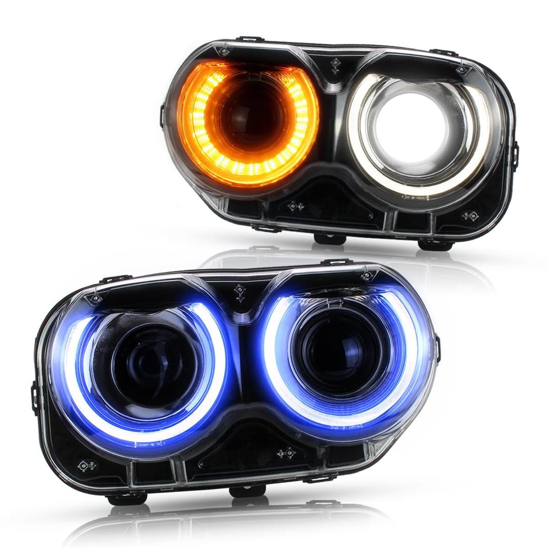 VLANDRGB Headlights Compatible with Dodge Challenger 2015-2023(Not Fit Challenger with Hid Original headlamps Models) Projector Front Lamp Assembly w/Colorful DRL Halo Passenger+ Driver Sides