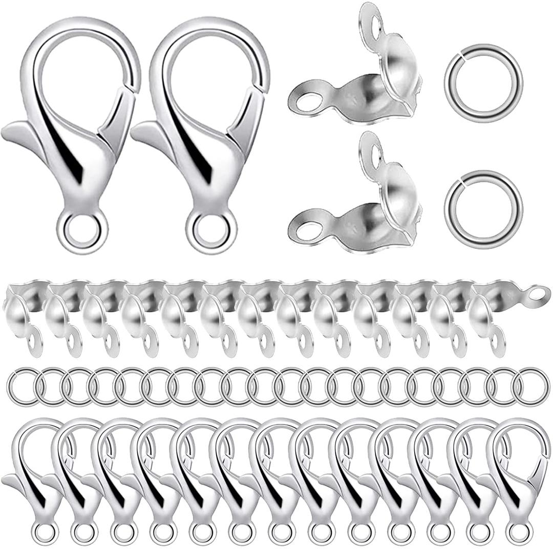 1250 Pieces Jewelry Making Accessories Set Includes 800 Pieces Open Jump Ring Connectors 300 Pieces Bead Tips Knot Covers and 150 Pieces Lobster Claw Clasps for DIY Jewelry Crafts Making (Silver)