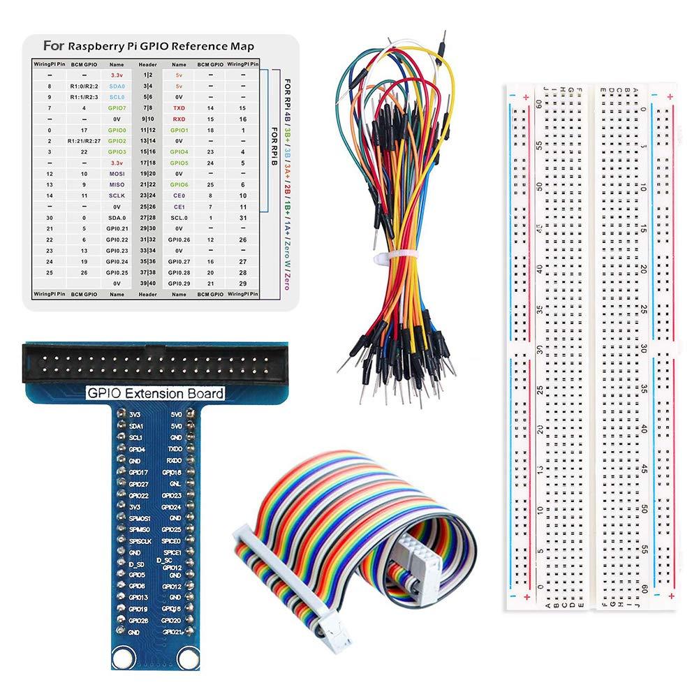 RPi GPIO Breakout Expansion Kit for Raspberry Pi 4B 3B+ 3B 2B B+, T-Type GPIO Expansion Adapter Board + 830 Tie Points Solderless Breadboard + 40pin GPIO Flat Ribbon Cable + 65pcs Jumper Wire