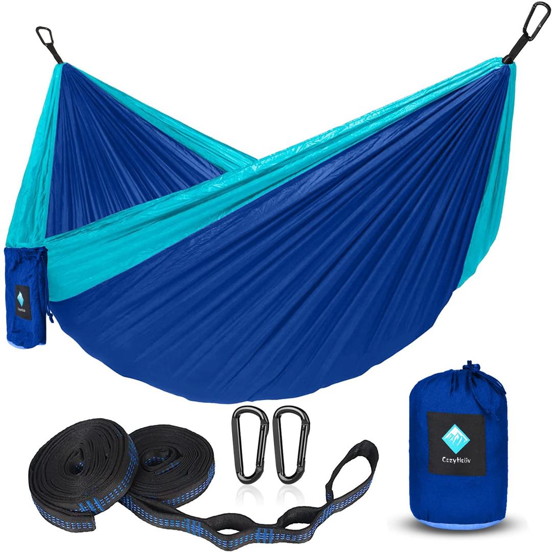 Double Hammocks for Camping, Portable Parachute Hammock for Outdoor Hiking Travel Backpacking - Hammocks Swing for Backyard & Garden 78''W 118''L (Blue/Sky Blue)