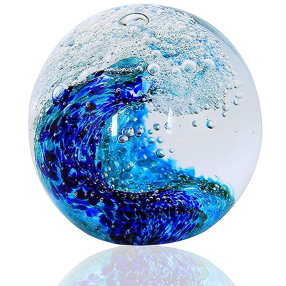 EUSTUMA Hand Blown Glass Figurines Ball Ocean Waves,Paperweight Glass Ball,Home Decor Collectible,Aquarium Decor,Office Decor Ocean Lovers (Ocean Waves)