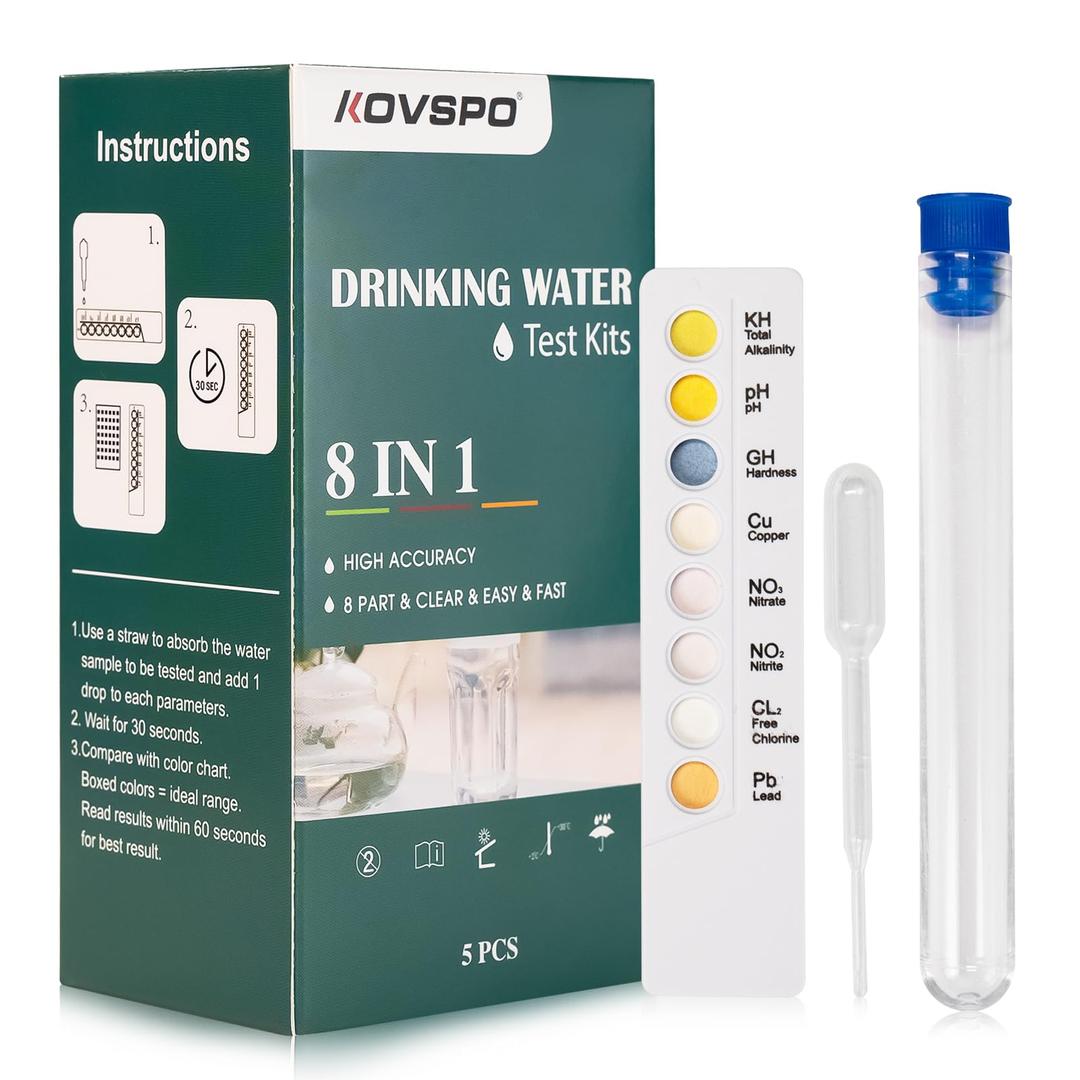 Water Testing Kits for Drinking Water: 5 Strips 8 in 1 Well and Drinking Water Test Kit, Water Test Strips with Alkalinity, Lead, pH, Hardness, Copper, Nitrate, Nitrite & Chlorin