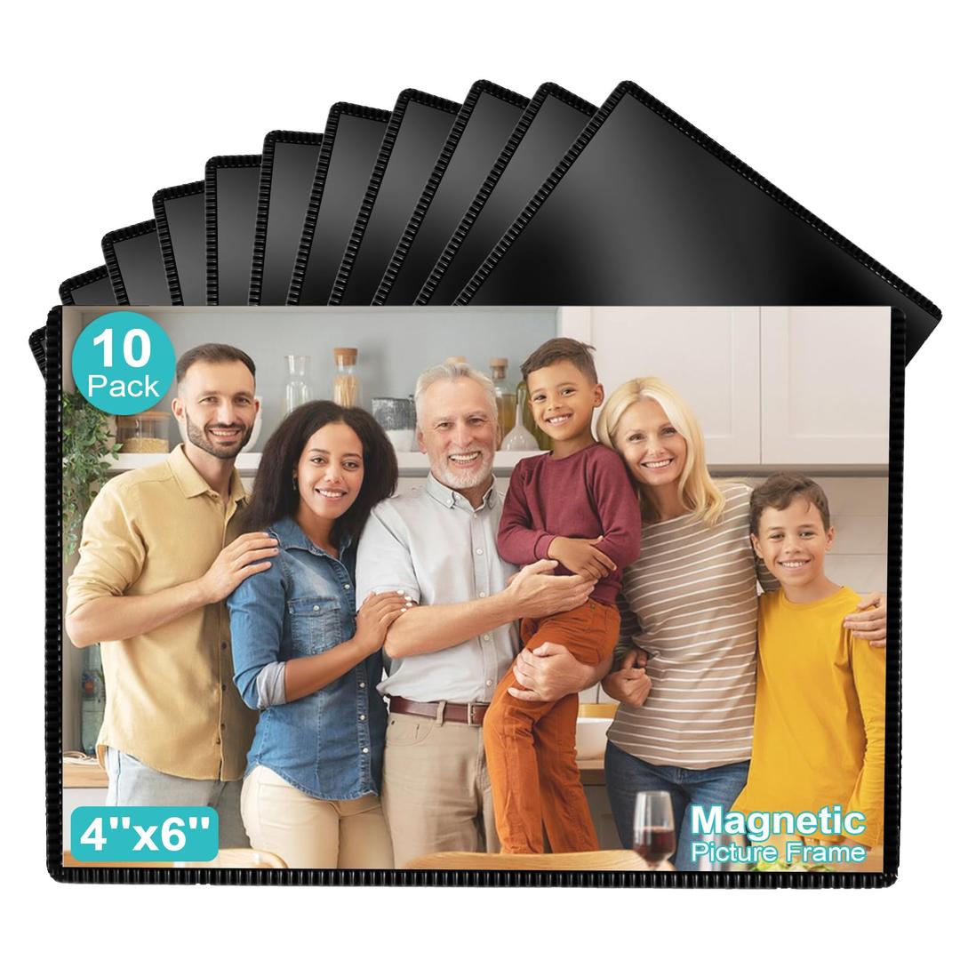 Magnetic Picture Frame, 10 Pack Magnetic Photo Frames for Refrigerator 4"x6" Magnetic Frame Reusable, Refrigerator Magnets Picture Frames for Locker/ Whiteboard/ Office Cabinet/ Fridge (Black 10 Pack)