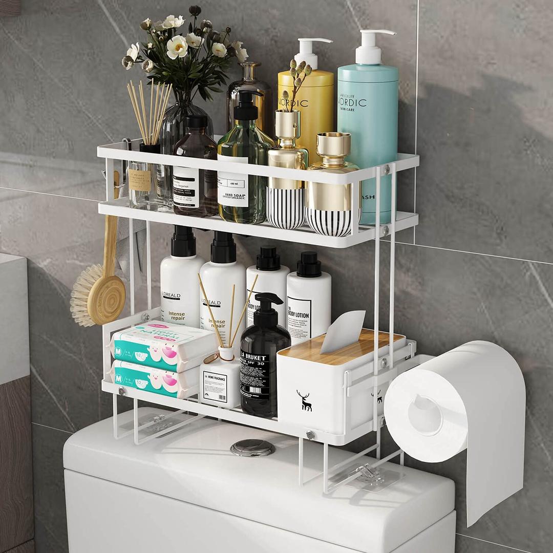 Godboat Bathroom Organizer - Over The Toilet Storage Cabinet, 2-Tier Bathroom Storage, Bathroom Shelves with 2 Hooks & Paper Rack, Bathroom Accessories & Decor, Gifts for Women, Mothers Day (White)