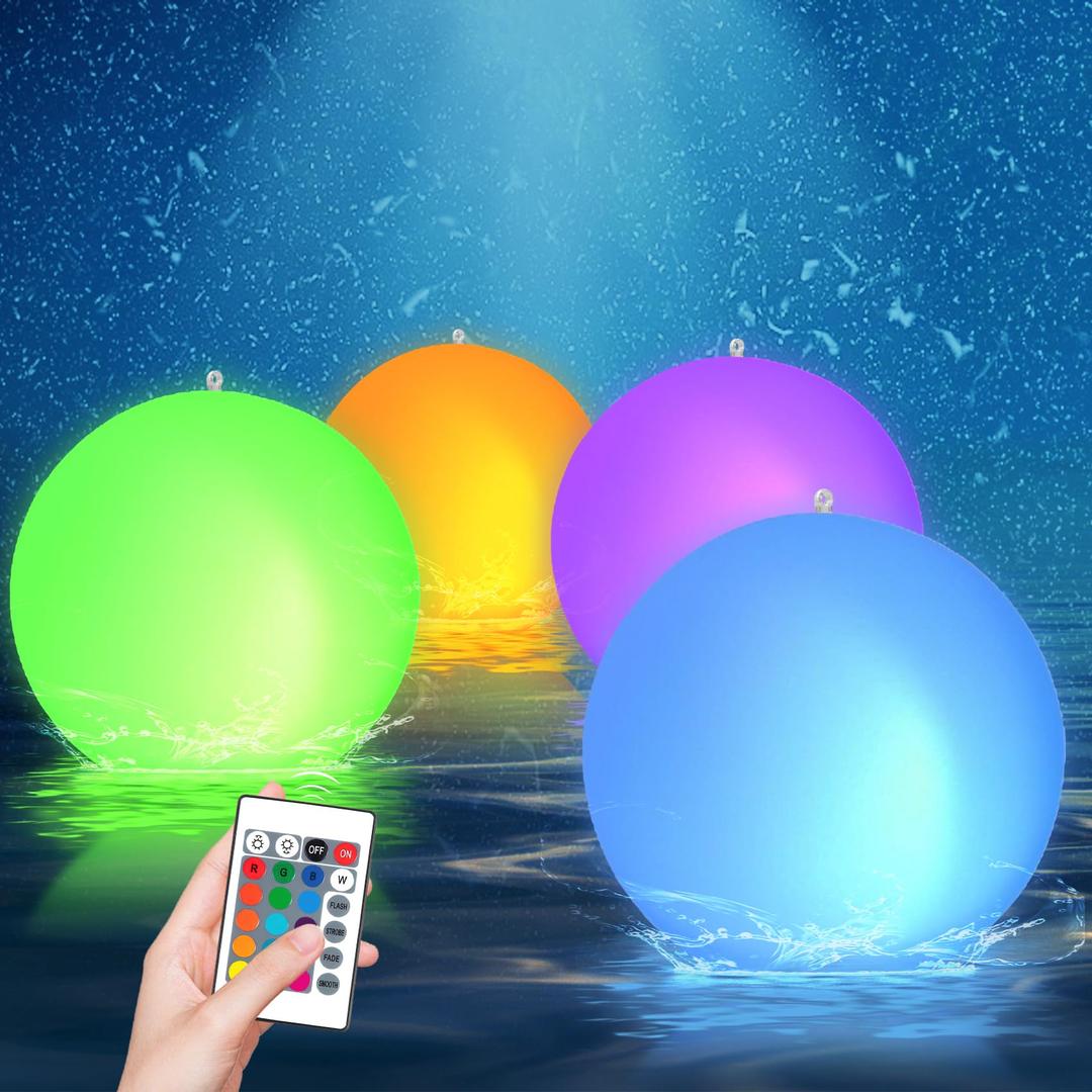 Solar Floating Pool Lights 4 Pack, 14 inch Floating Pool Lights Solar Powered w/ 16 Light Modes, Inflatable Led Light Pool Balls, Light Up Beach Balls Float or Hang in Garden Backyard Party Decoration