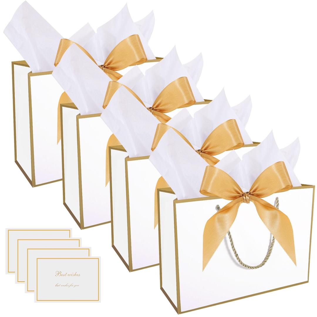 4Pcs Gift Bags, Medium Present Bag Gift Wrapping Bag with Bow Ribbon Tissue Paper and Cards Gift Bag for Birthday Wedding Party 28x10x20cm (Golden Edge)