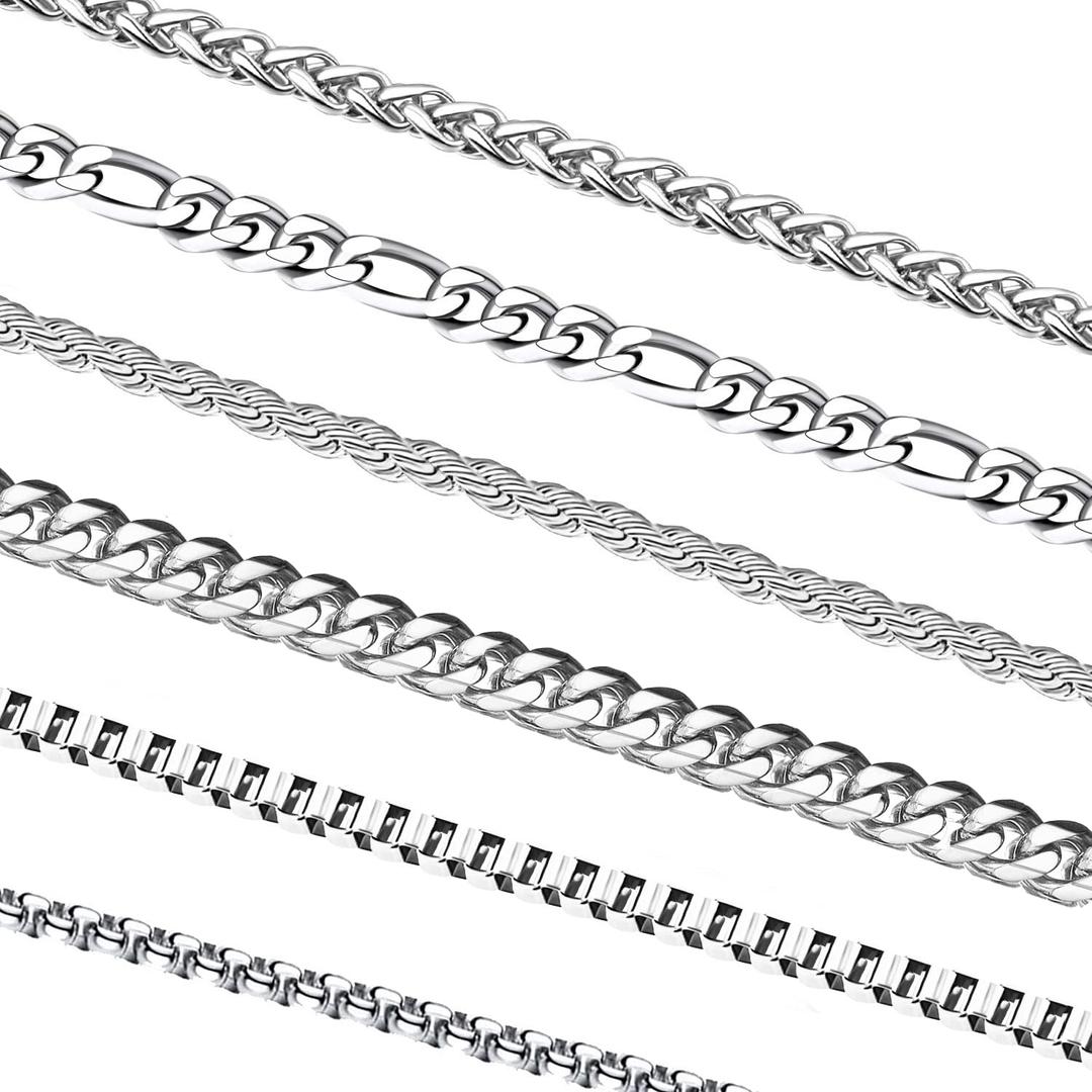 OLARCUMens Necklace Chain, 6 Pcs Men's Stainless Steel Chain Necklace Jewelry Set Gift for Men Women