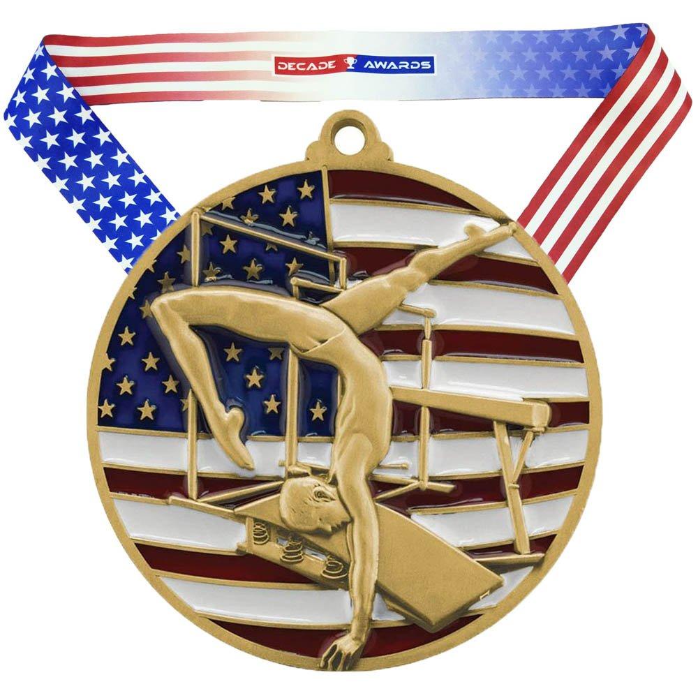 Decade AwardsGymnastics Patriotic Medal - 2.75 Inch Wide Gymnast Medallion with Stars and Stripes American Flag V Neck Ribbon