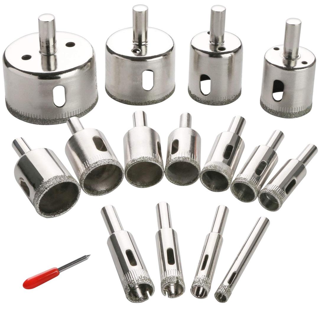 3 otters 15PCS Diamond Hole Saw Kit, Glass Drill Bits for Drilling Holes in Glass, Bottles, Marble, Granite Stone, Tile Cutting 0.24 Inch - 2 Inch（6mm - 50mm)