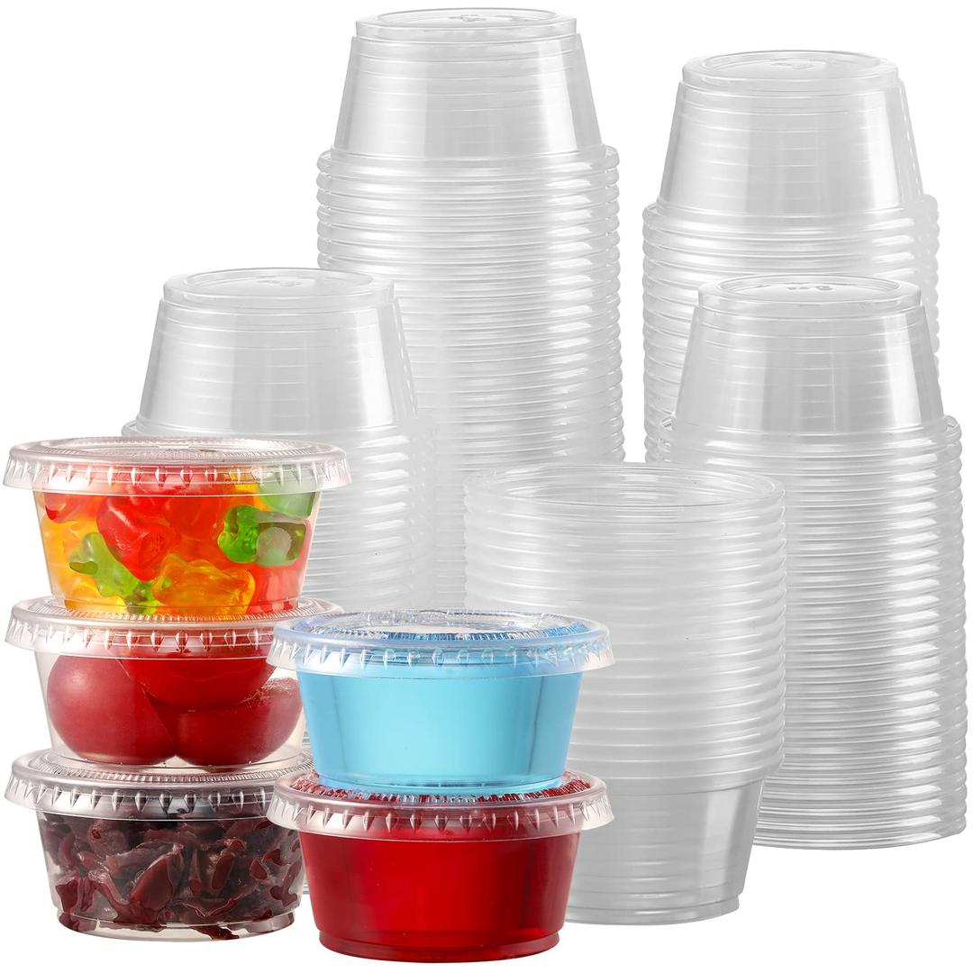 VITEVER 130 sets - 2 oz Jello Shot Cups, Small Plastic Containers with Lids, Airtight and Stackable Portion Cups, Salad Dressing Container, Dipping Sauce Cups, Condiment Cups